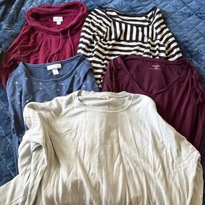 Mixed Maternity Long-Sleeve Tops Bundle - Cream, Burgundy, Blue, Black Stripe